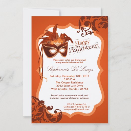 Invitation d'Halloween en mascarade orange 5x7 (Devant)