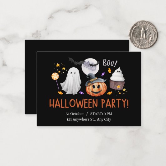 Invitation d'Halloween noir et orange (Devant/Arrière en situation)