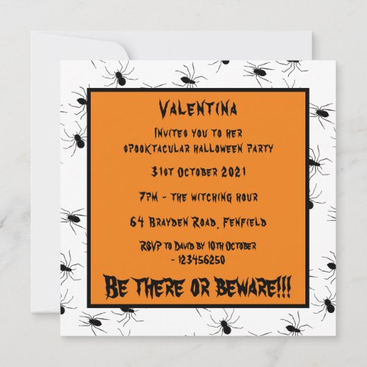 Invitation d'Halloween pour araignées Déplaisantes (Dos)