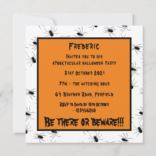 Invitation d'Halloween pour araignées Déplaisantes (Dos)