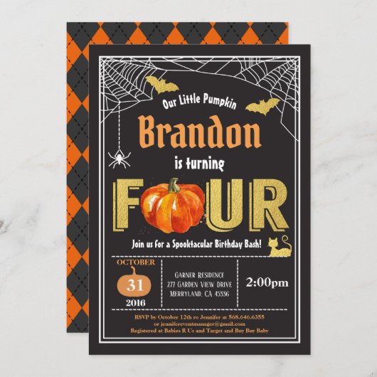 Invitation d'Halloween pour les enfants de 4 ans.  (Devant / Derrière)