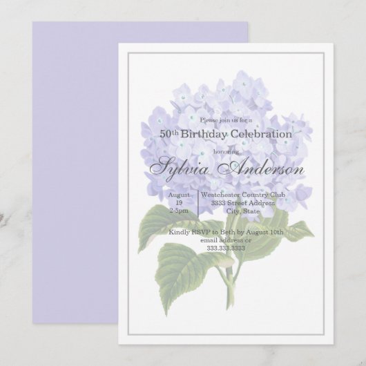 Invitation d'hydrangea botanique pour 50e annivers (Devant / Derrière)