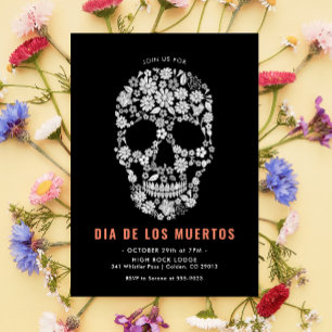 Invitation Dia de los Muertos Crâne de Sucre Floral Noir