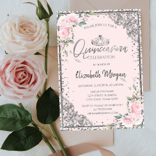 Invitation Diadème argent élégant, fleurs roses diamantées Qu