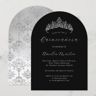 Invitation Diadème argent noir élégant arqué Quinceanera 