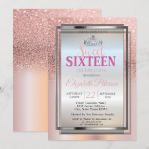 Invitation Diadème Argent, Rose Gold Pailleté Sweet 16 Fête