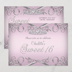 Invitation Diadème argent rose Sweet 16 Anniversaire