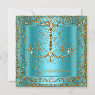 Invitation Diadème Bleu Sarcelle Or Quinceanera 15e Anniversa
