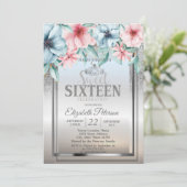 Invitation Diadème, cadre argent paillettes bokeh floral doux (Debout devant)