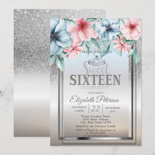 Invitation Diadème, cadre argent paillettes bokeh floral doux (Devant / Derrière)