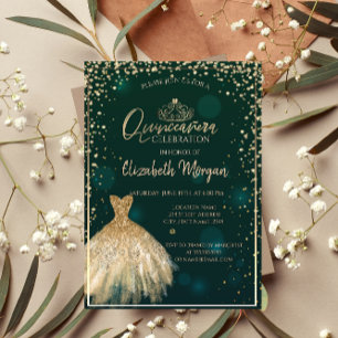 Invitation Diadème Chic Robe Dorée, Diamants Quinceañera Vert