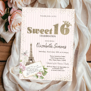 Invitation Diadème,Confettis,Tour Eiffel Roses Rayé Sweet 16