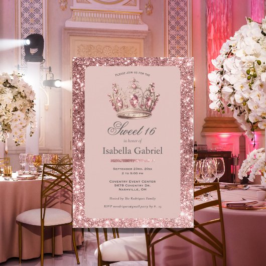 Invitation Diadème Couronne Paillettes Rose Foncé Élégant Swe