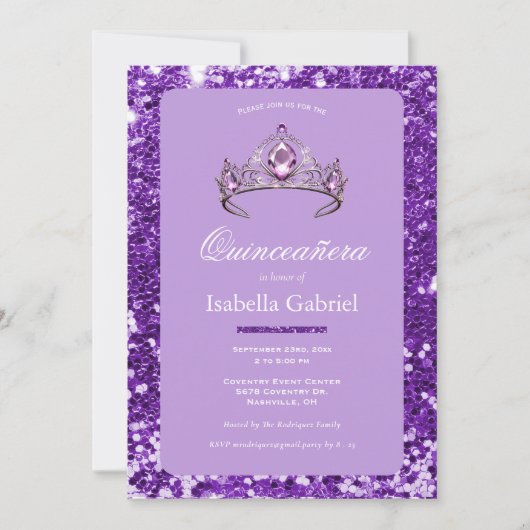 Invitation Diadème Couronne Strass Violet Pailleté Élégant Qu (Devant)