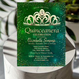Invitation Diadème de confettis dorés Quinceañera vert aquare