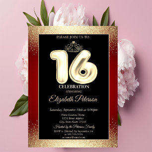 Invitation Diadème de confettis rouge et or, fête Sweet 16