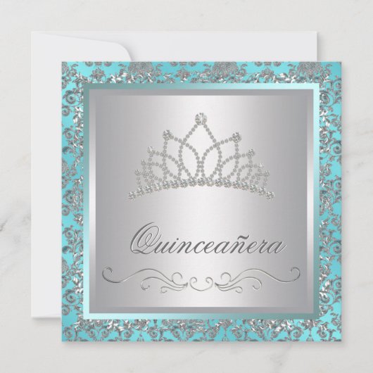 Invitation Diadème de diamant bleu sarcelle damas bleu sarcel (Devant)