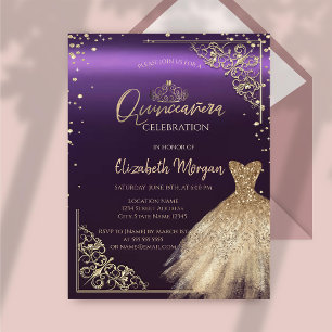 Invitation Diadème de robe dorée chic, diamants Quinceañera v