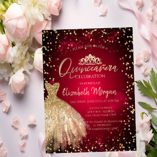Invitation Diadème de robe dorée, diamants Quinceañera rouge