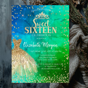 Invitation Diadème de robe dorée, diamants Quinceañera vert b