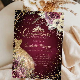 Invitation Diadème de robe dorée,Quinceañera florale bordeaux