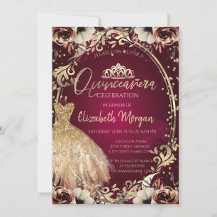Invitation Diadème de robe, fleurs encadrées, Quinceañera bor