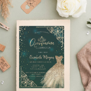 Invitation Diadème de robe verte chic or, diamants Quinceañer