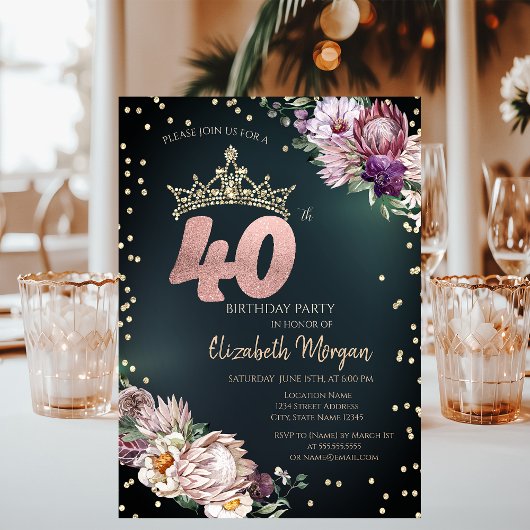 Invitation Diadème Diamants Fleurs Tropicales Vert 40ème