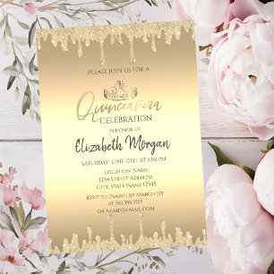 Invitation Diadème doré chic, Glitter Drips Or Quinceañera