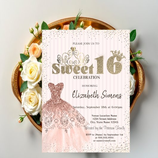 Invitation Diadème doré,Confettis,Robe,Doux 16 rayé