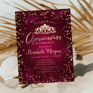 Invitation Diadème doré élégant, Quinceañera bordeaux diamant