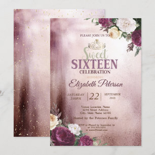 Invitation Diadème doré, fête Sweet 16 Confetti Bourgogne