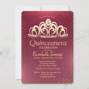 Invitation Diadème élégant en or avec confettis pour Quinceañ