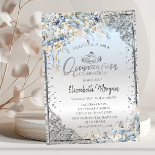 Invitation Diadème en argent,Fleurs bleues Diamants Quinceañe