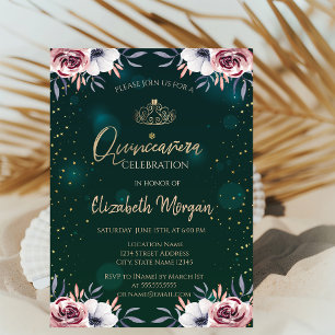 Invitation Diadème en or chic, Diamants, Roses Quinceañera ve