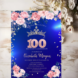 Invitation Diadème en or Diamants Fleurs Bleu 100e Anniversai
