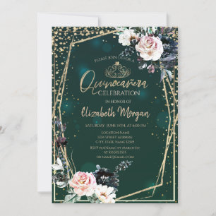 Invitation Diadème en or,Fleurs Chic de Diamants Quinceañera