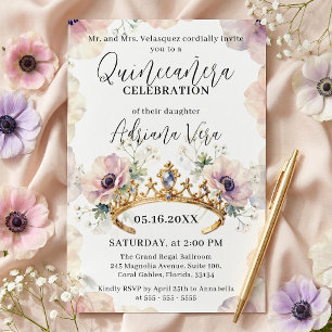 Invitation Diadème en or pour Quinceañera Anémone Rose Blush 