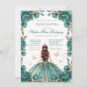 Invitation Diadème floral de princesse sarcelle or Quinceañer