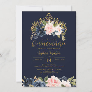Invitation Diadème Floral Navy Blush Or Quinceanera