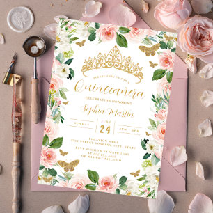 Invitation Diadème floral rose or papillon Quinceanera