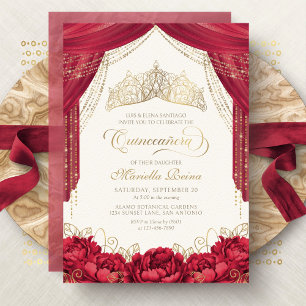 Invitation Diadème Floral Rouge Quinceanera Moderne