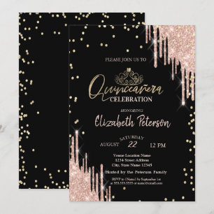 Invitation Diadème, gouttes de paillettes et diamants dorés s