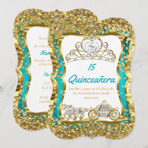 Invitation Diadème Magique Bleu Turquoise pour Quinceañera Or