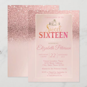 Invitation Diadème, paillettes rose gold flou ombré Sweet 16