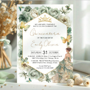 Invitation Diadème Papillon Floral Vert Sauge Quinceañera