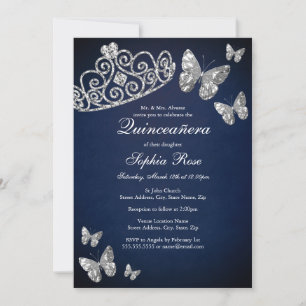 Invitation Diadème Papillon Tiara Navy Argent Quinceanera