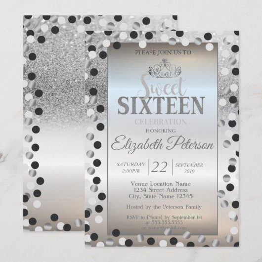 Invitation Diadème, points de paillettes argentées Bokeh doux (Devant / Derrière)