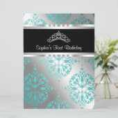 Invitation Diadème Princesse Damassé Bleu sarcelle Premier An (Debout devant)