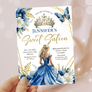 Invitation Diadème Princesse Fleur Royal Bleu Or Sweet 16